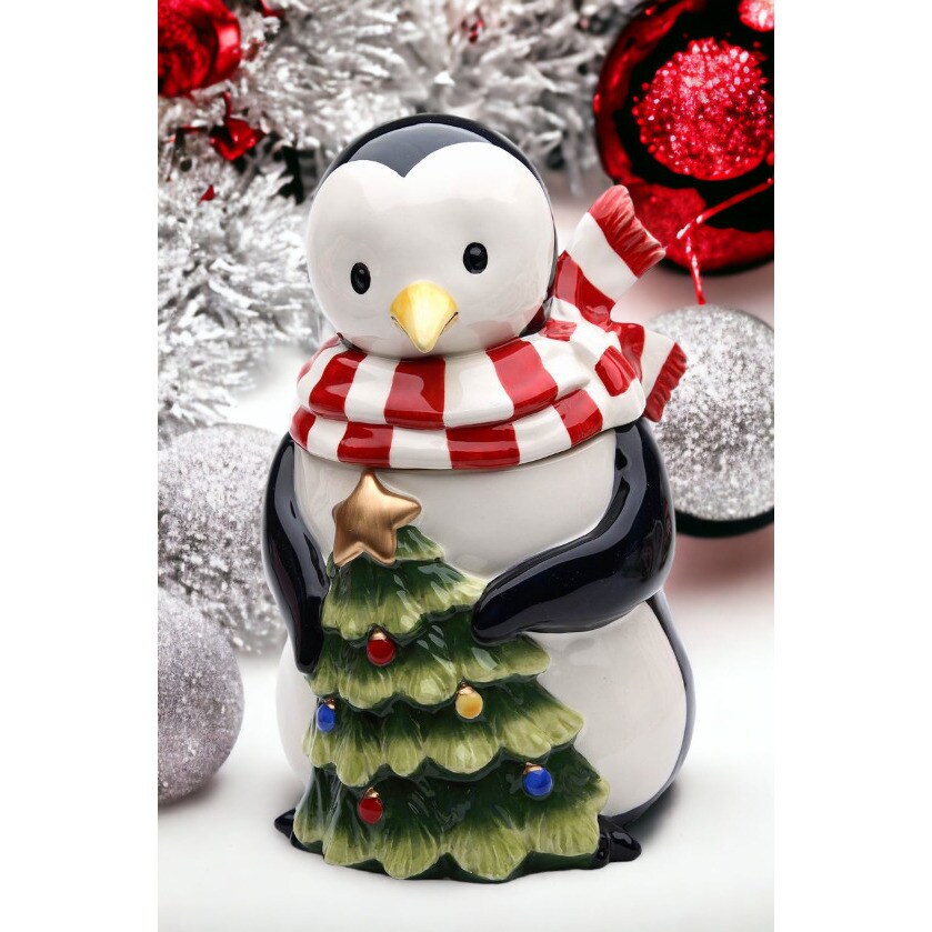 Hand Painted Ceramic Penguin with Christmas Tree Candy Box High Quality Ceramic