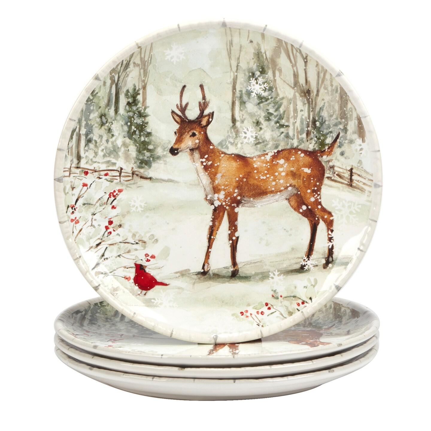 Certified International Set of 4 Winter Reindeer Christmas Dinner Plates 11.25"