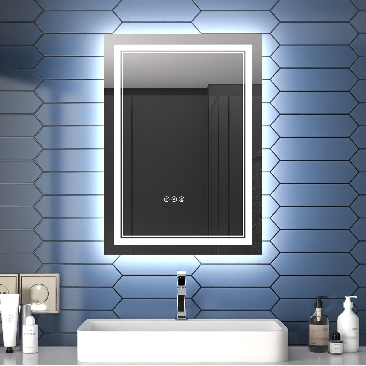 Allsumhome Linea 20&#x22; W x 28&#x22; H LED Heated Bathroom MirrorAnti FogDimmableFront-Lighted and Backlit Tempered Glass