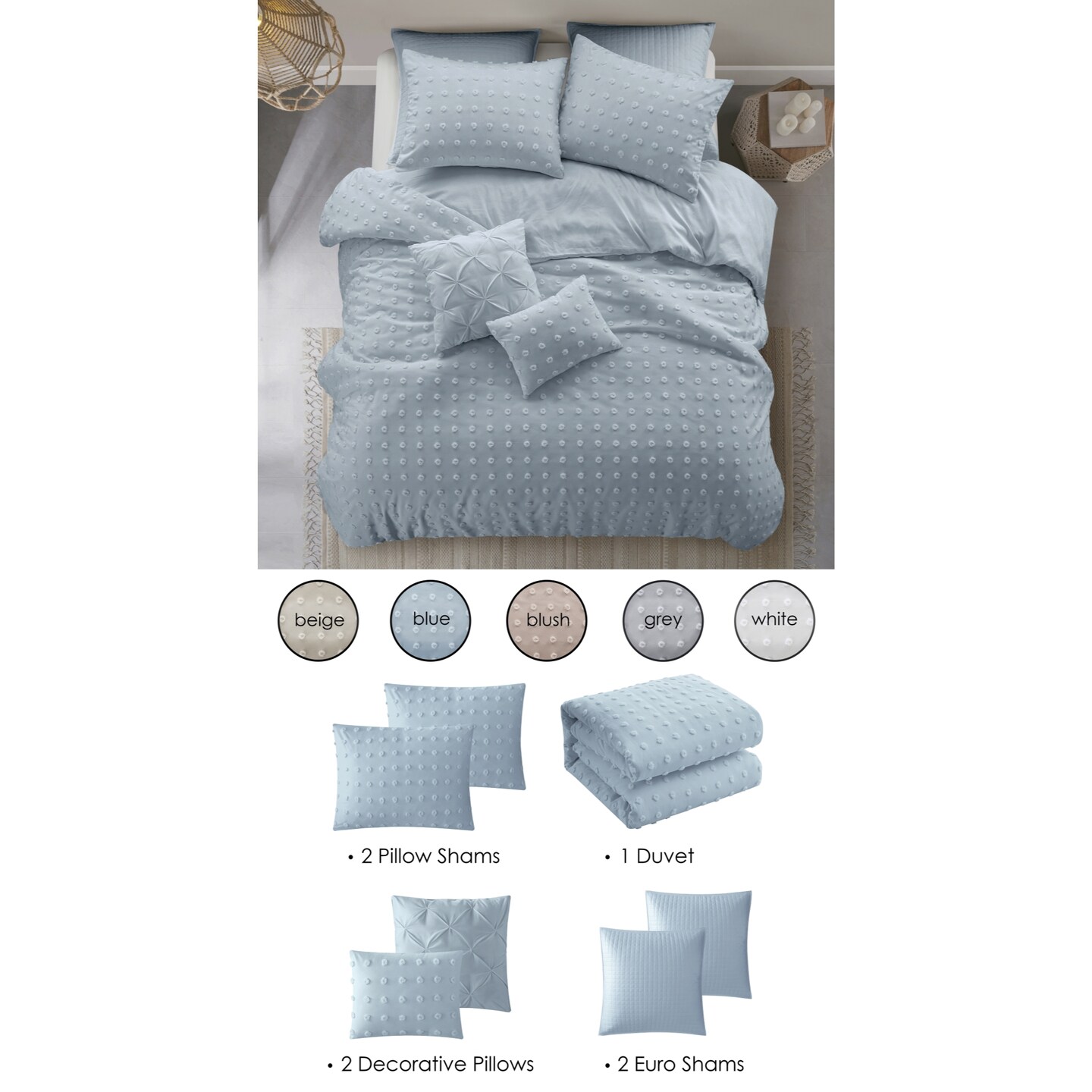 Haya Duvet Set With Pillow Sham, Euro Sham, Decorative Pillows and Duvet Cover