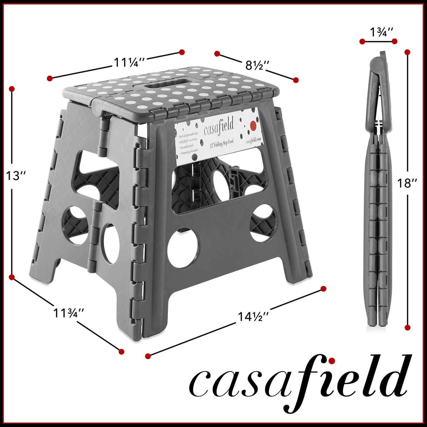 Casafield 13&#x22; Folding Step Stool with Handle, Gray - Portable Collapsible Small Plastic Foot Stool for Adults - Use in the Kitchen, Bathroom and Bedroom