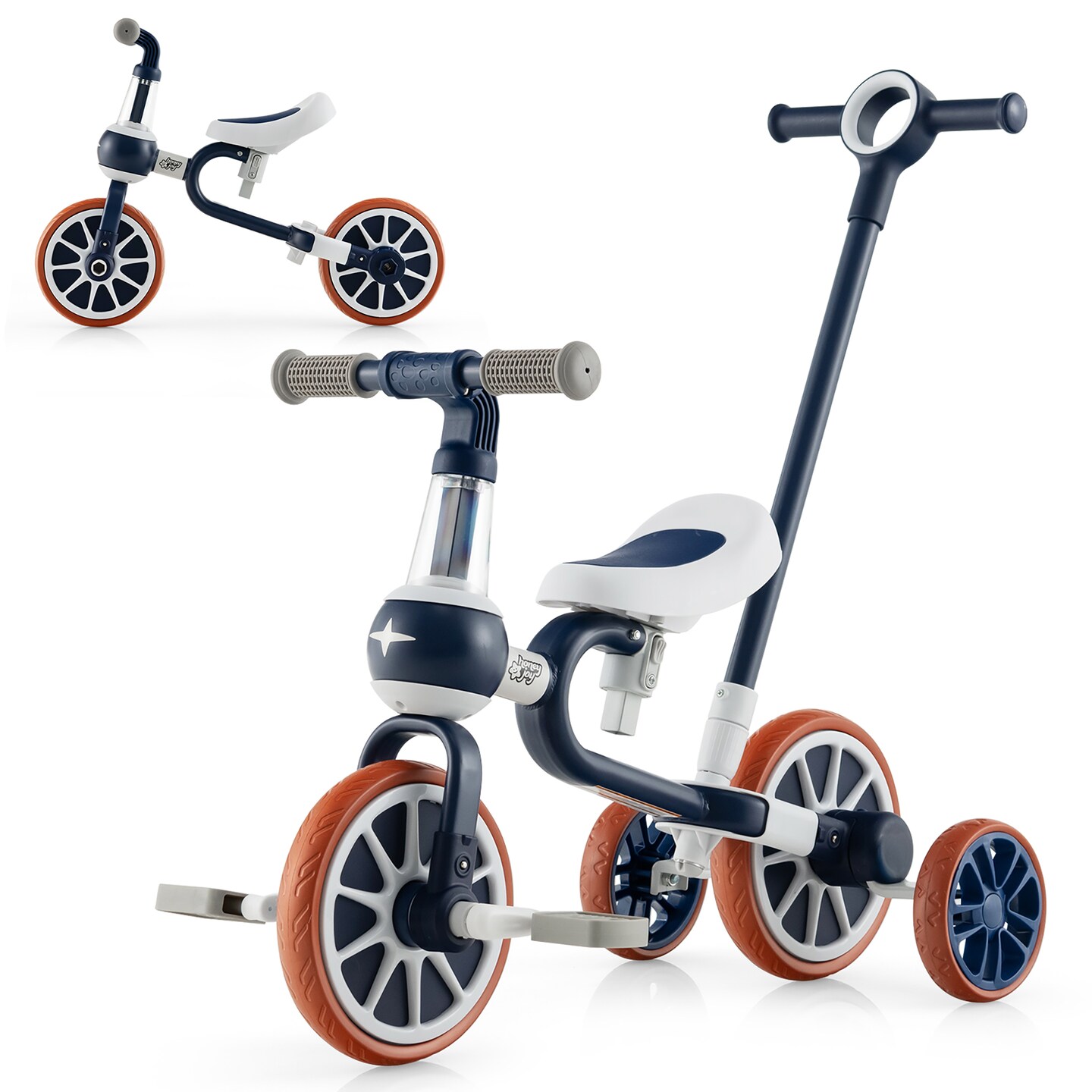 Costway 4 in 1 Kids Tricycles with Push Handle & Training Wheels Baby Balance Bike Navy/Pink