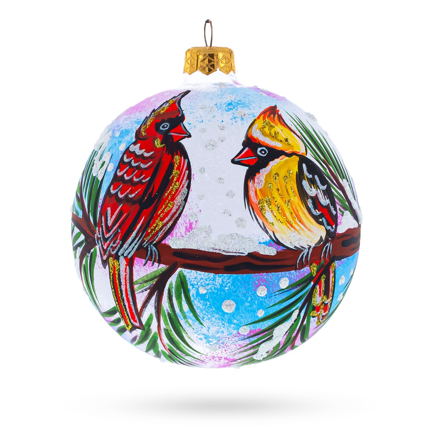 Winter Wonderland Duo: Two Cardinals in Snowy Scenery Blown Glass Ball ...