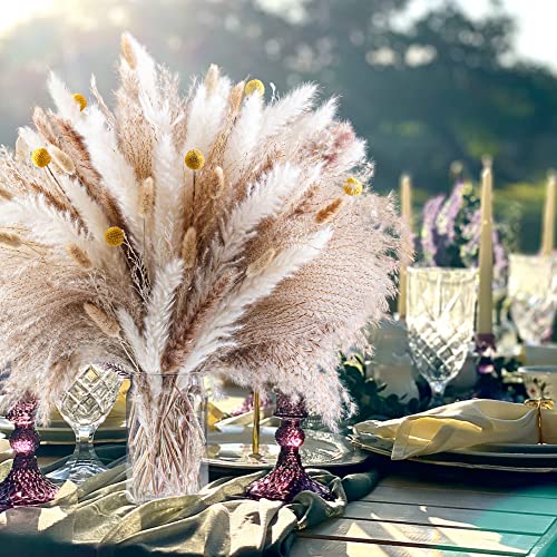 100PCS Natural Dried Pampas Grass Decor - 17.5" Fluffy Pampas Grass Bouquet - Boho Home Decor Dried Flowers for Wedding Floral Room Home Party Table Decorations
