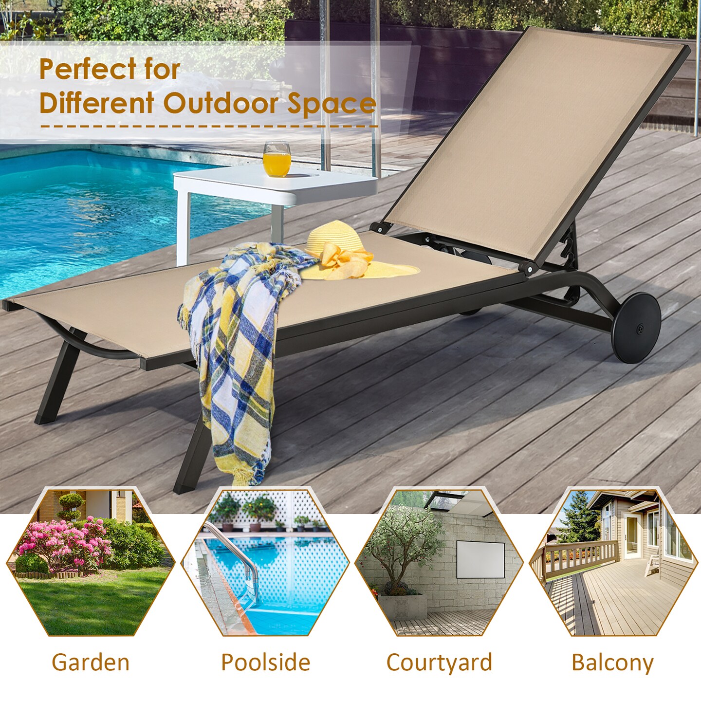 Costway Outdoor Patio Lounge Chair Chaise Reclining Aluminum Fabric Adjustable