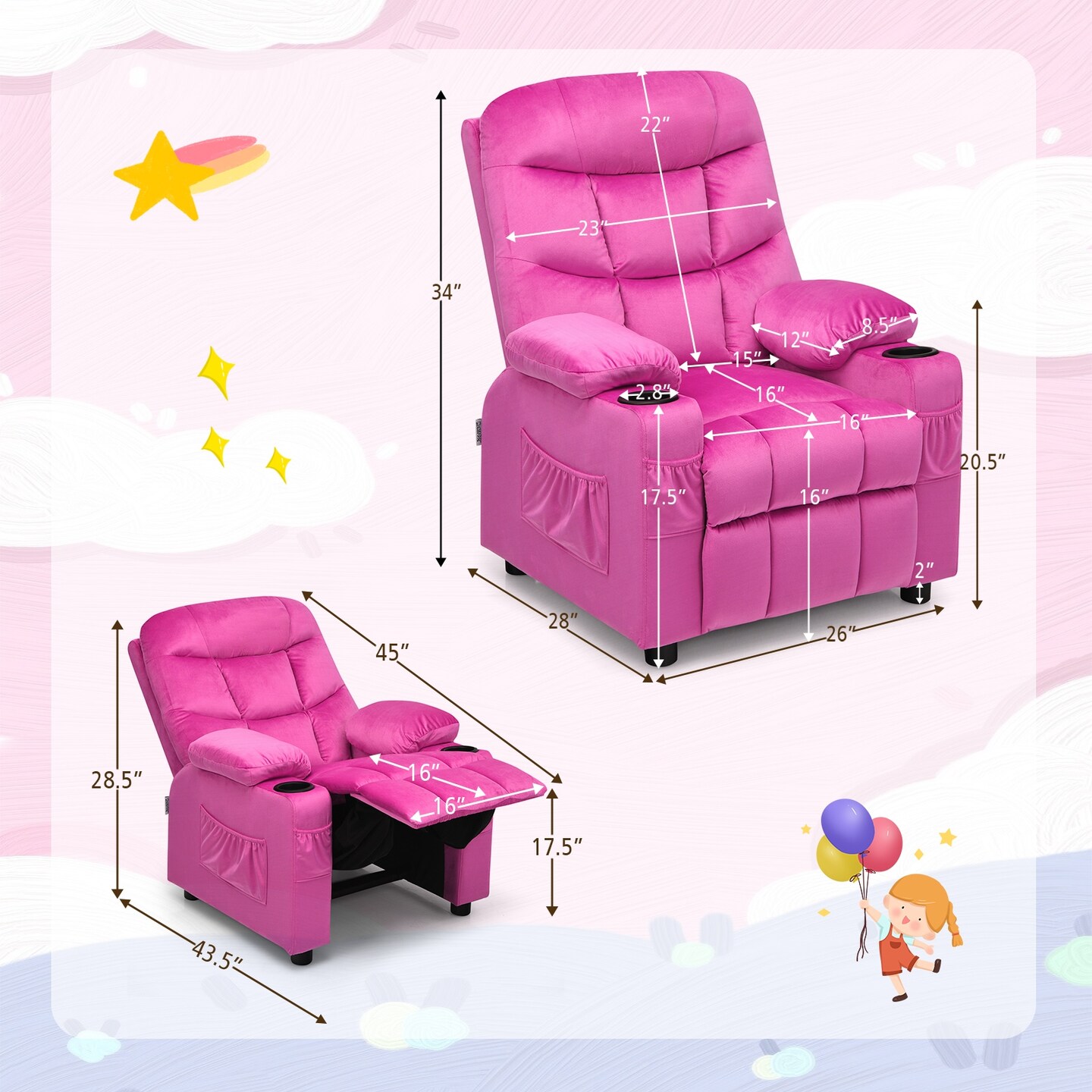 Kids Recliner Chair with Cup Holders