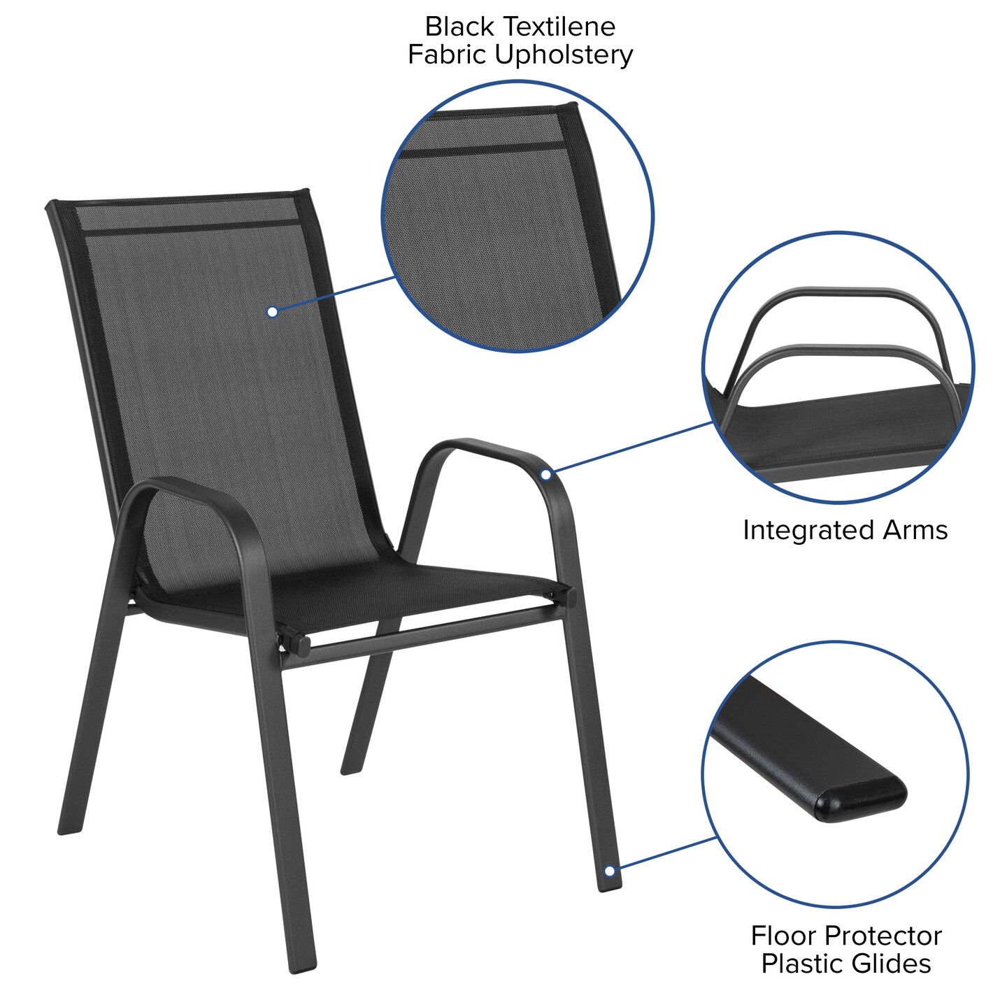 Emma and Oliver Three Piece Patio Table Set with Round Metal Frame Table with Tempered Glass Top and Two Flex Comfort Stacking Chairs