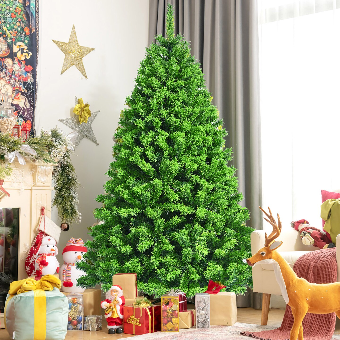 Costway 6.5ft Green Flocked Hinged Artificial Christmas Tree w/ Metal Stand Green