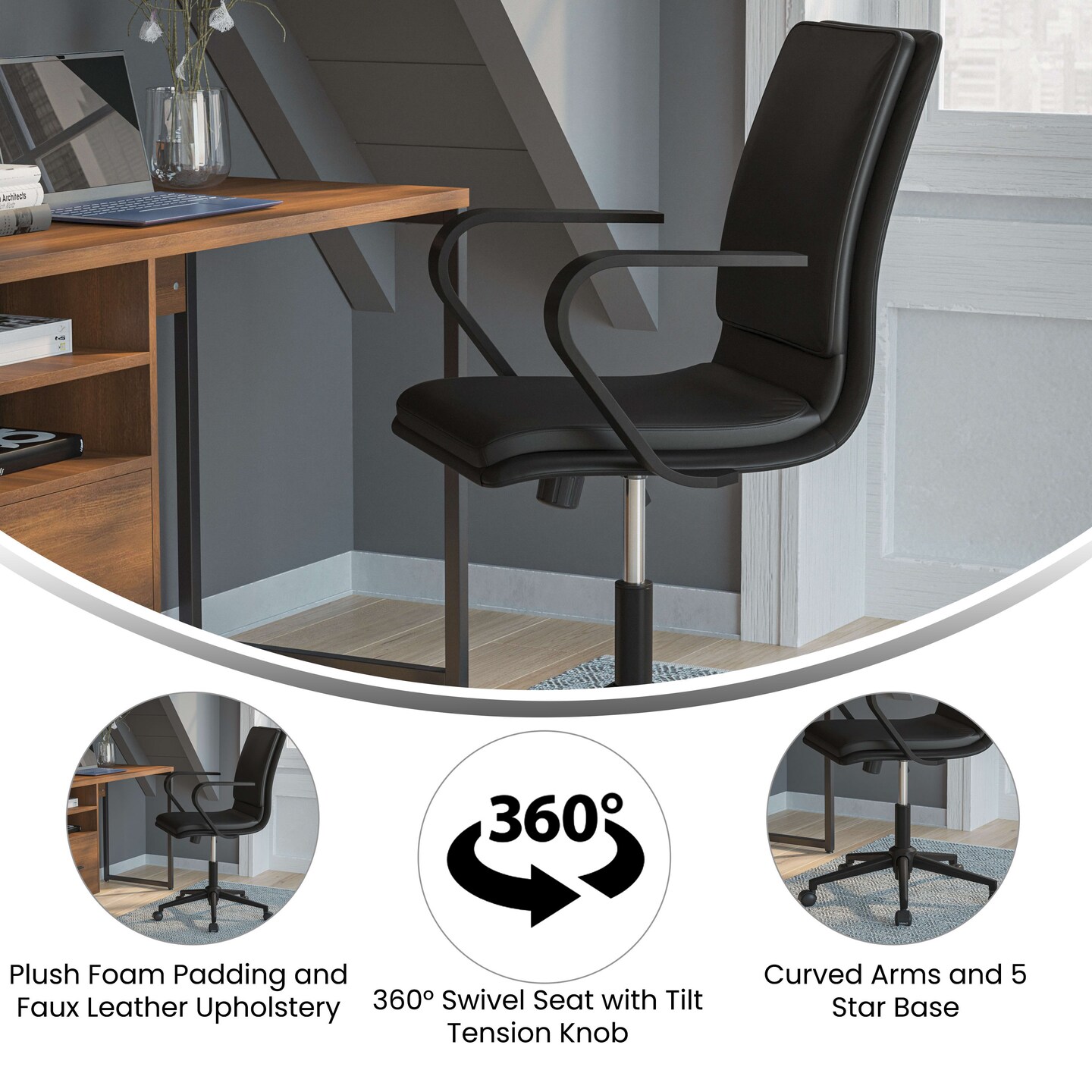 Merrick Lane Artemis Mid-Back Home Office Chair with Armrests, Height Adjustable Swivel Seat and Five Star Base