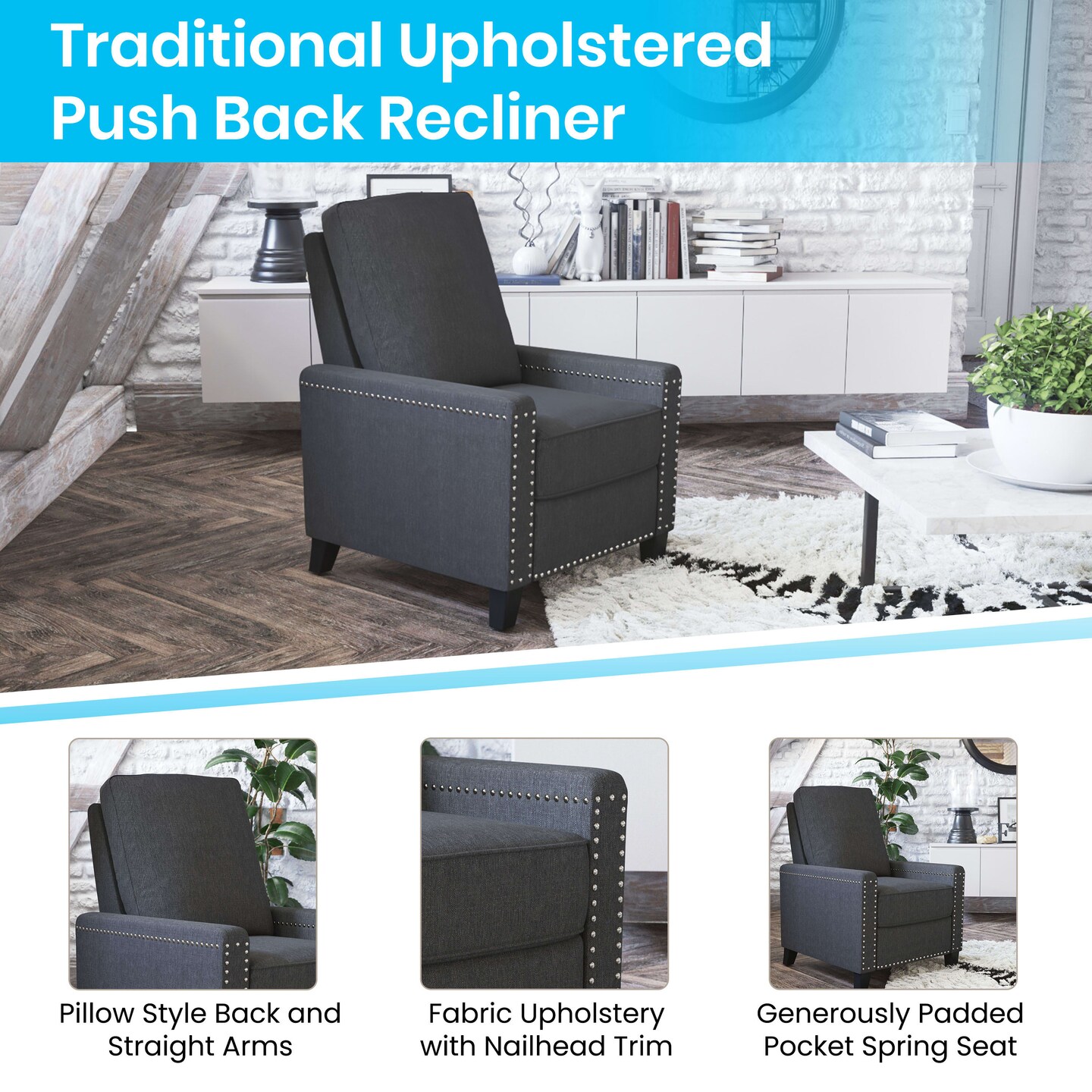 Merrick Lane Renza Transitional Pushback Recliner with Pillow Style Back and Accent Nail Trim - Manual Recliner
