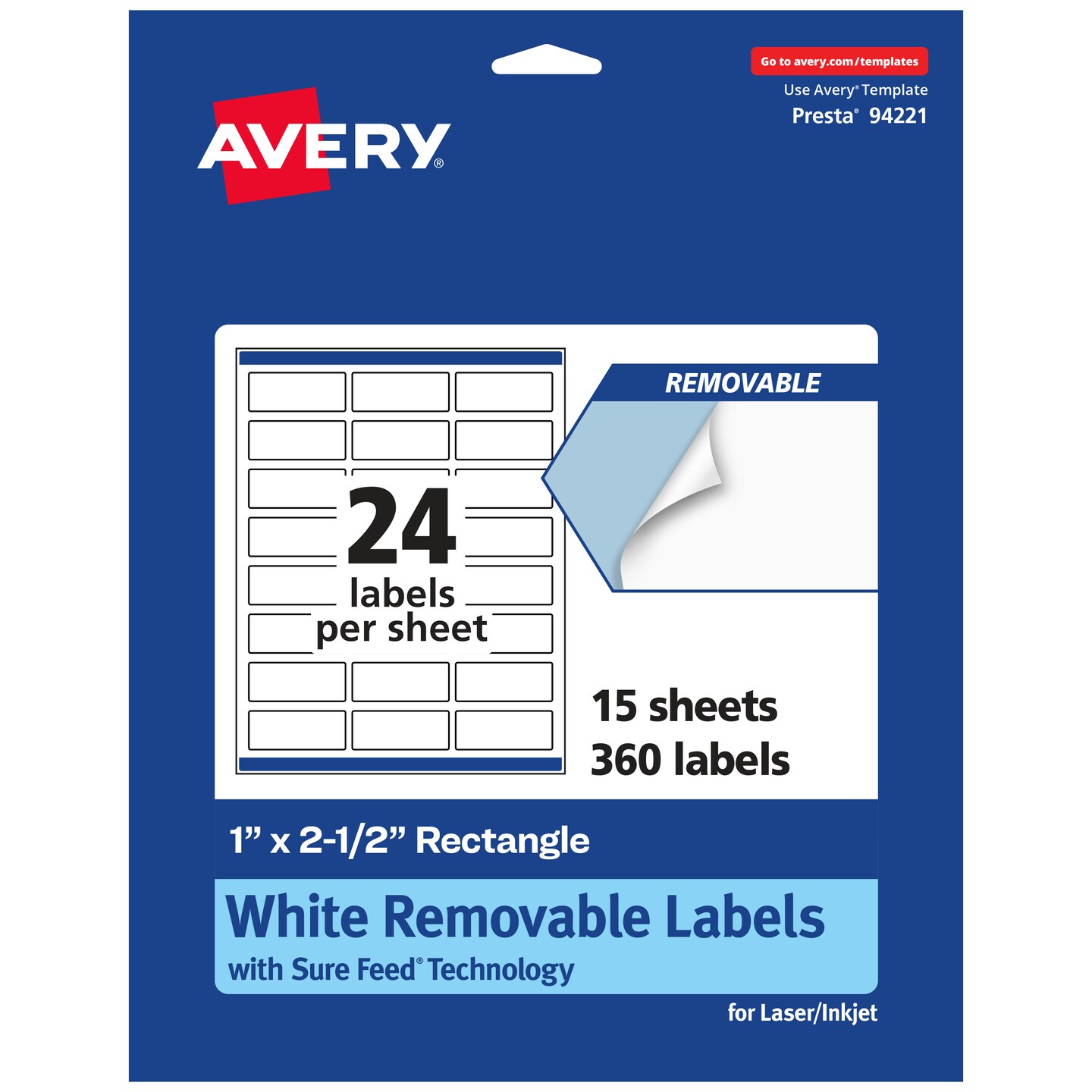Avery Matte White Removable Rectangle Labels with Sure Feed Technology, 1&#x22; x 2.5&#x22;