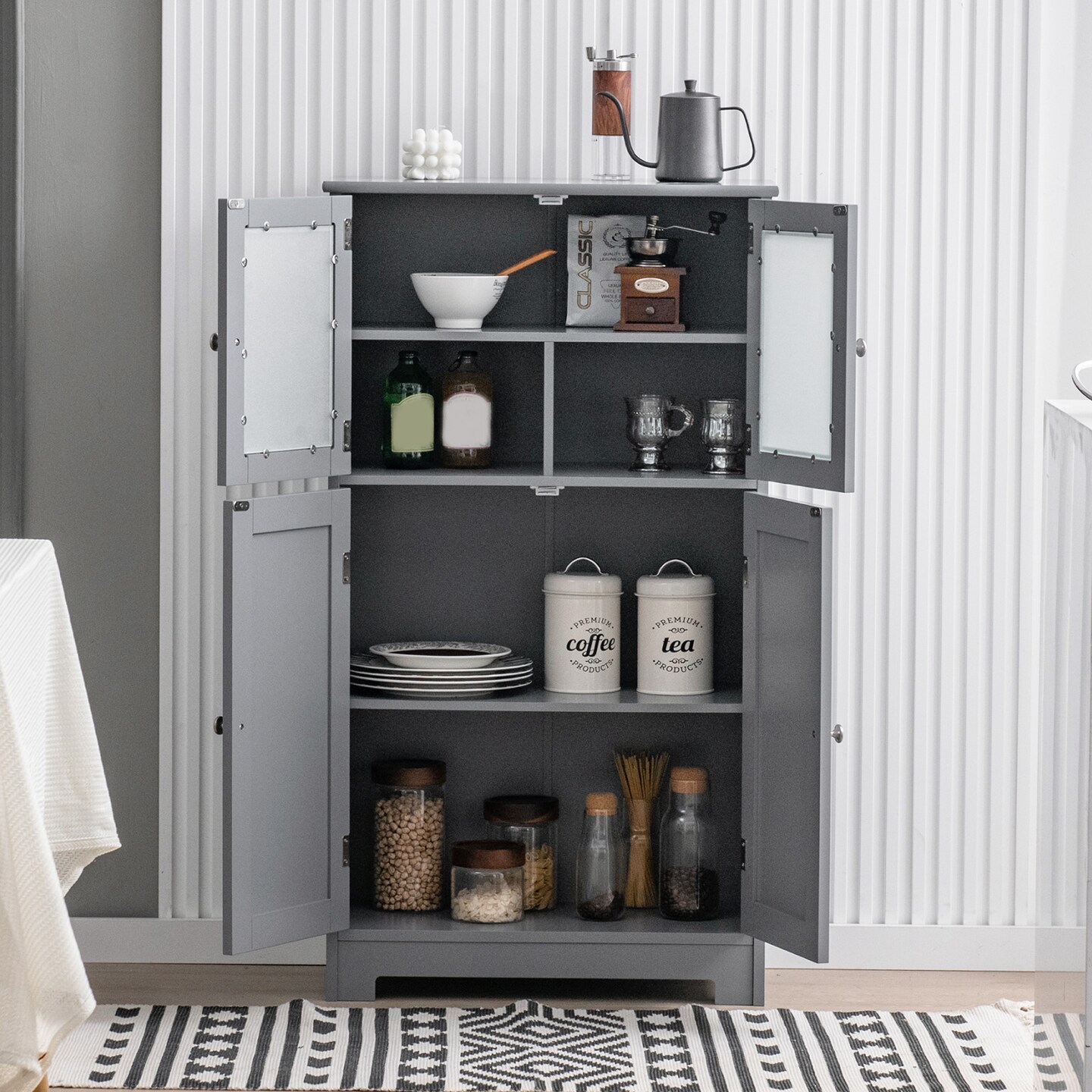 Black MDF Glass Door Floor Cabinet with Adjustable Shelf &#x2013; 43 inches Storage Unit