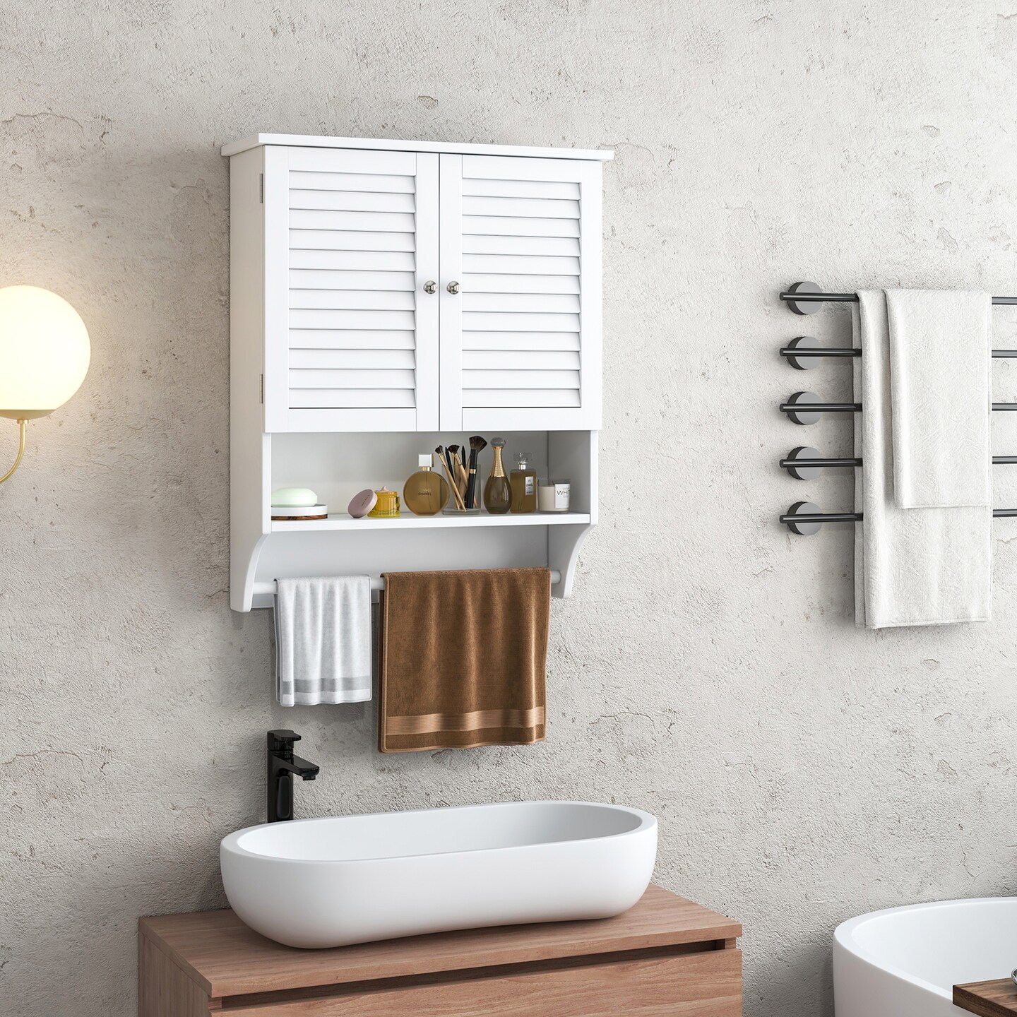 2-Doors Bathroom Wall-Mounted Medicine Cabinet with Towel Bar