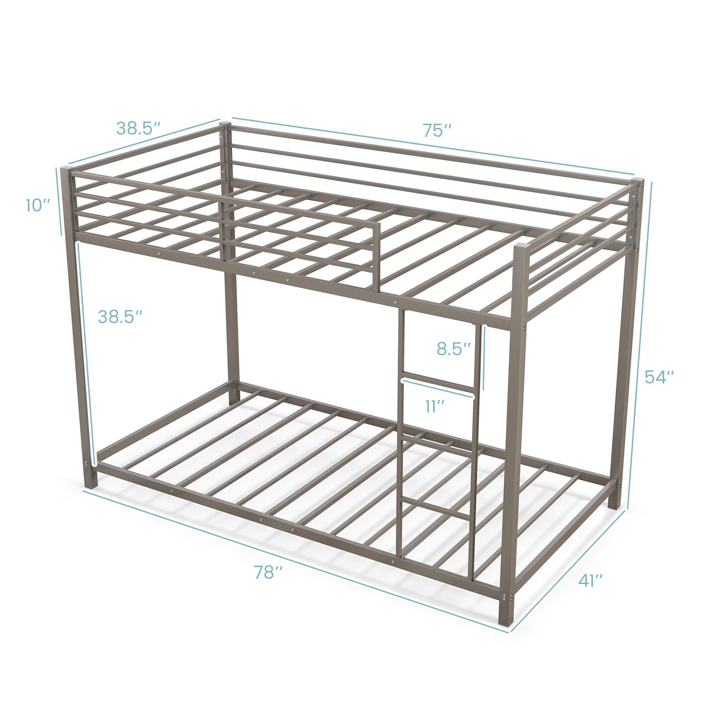 Twin Over Twin Metal Bunk Bed, Low Profile, Safe, No Box-Spring