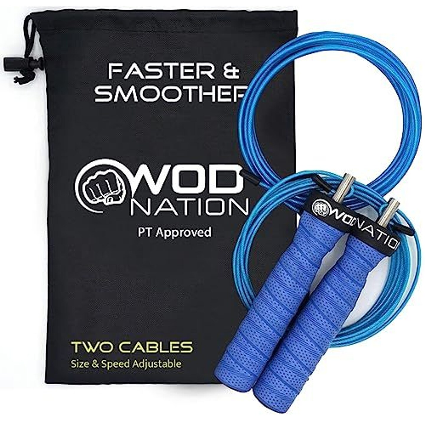 WOD Nation Attack Speed Adjustable Jump Rope : Unique Two Cable Skipping Workout System : One Thick and One Light 11 Foot Jumping Cable : Perfect for Double Unders forHiit : Fits Men and Women, Blue
