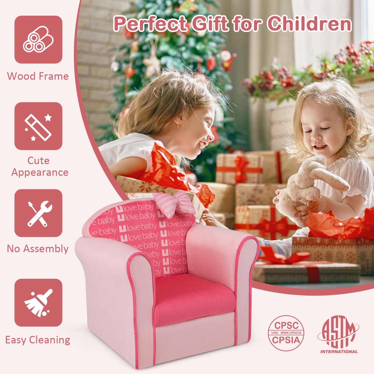 Costway Kids Cute Pink Bow Sofa Children Couch Toddler Upholstered Armchair Solid Wood