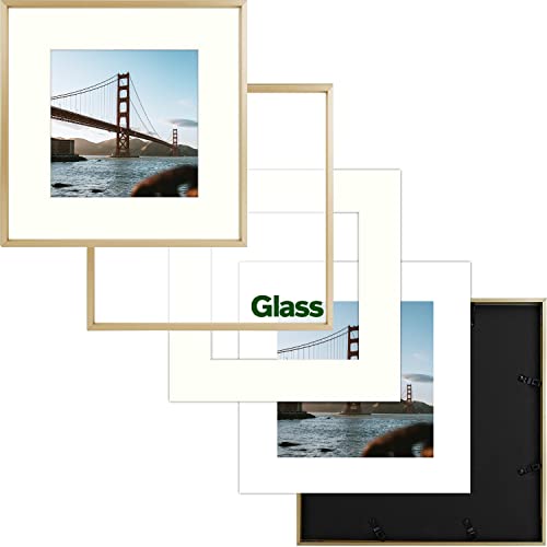 12x12 Aluminum Photo Frame with Ivory Color Mat for 8x8 Picture &#x26; Real Glass, Metal Picture Frame Collection (Gold, 1-Pack)