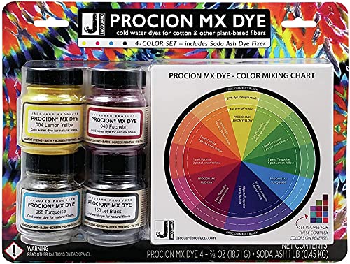 Jacquard Procion Mx Dye 4 Color Set with Soda Ash and Color Mixing Chart -  Lemon Yellow - Fuchsia - Turquoise - Jet Black