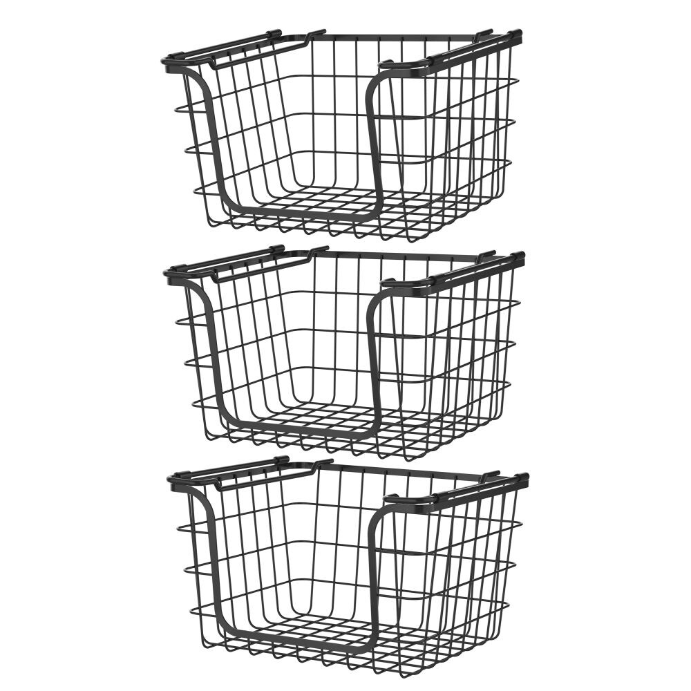 Oceanstar Stackable Metal Wire Storage Basket Set for Pantry, Countertop, Kitchen or Bathroom, Black, Set of 3