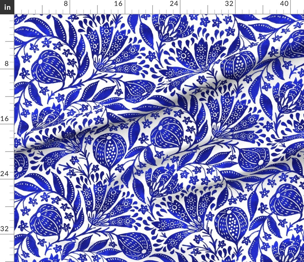 Petal Signature Cotton by the Yard or Fat Quarter Cobalt Blue Botanical Bright White Indian Floral Figs Custom Printed Fabric by Spoonflower
