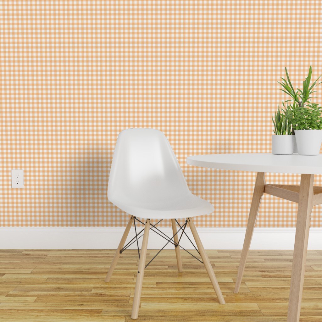 Peel &#x26; Stick Wallpaper 2FT Wide Orange Check Gingham Small Scale Cottagecore French Country Farmhouse Spring Summer Classic Traditional Custom Removable Wallpaper by Spoonflower