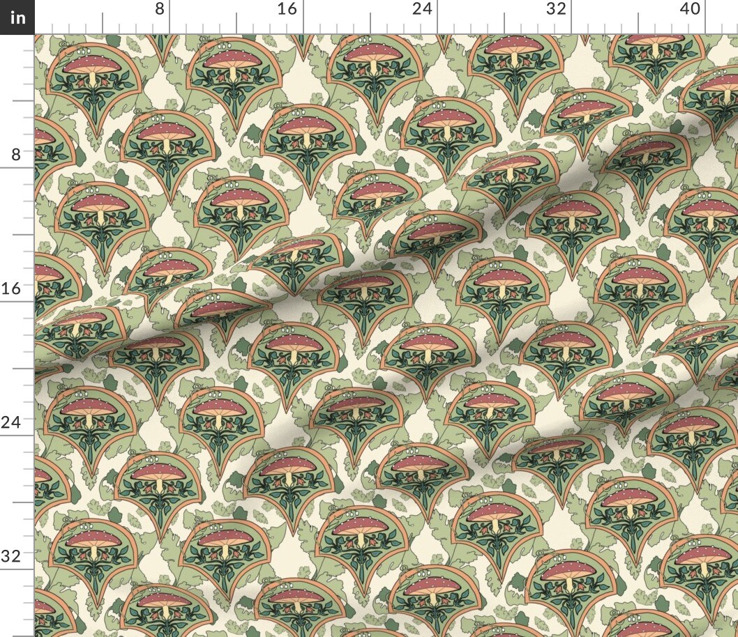 Various Fabrics by the Yard or Fat Quarter Art Nouveau Mushrooms Botanical Nature Olive Green Toadstool Vintage Inspired Cream Custom Printed Fabric by Spoonflower