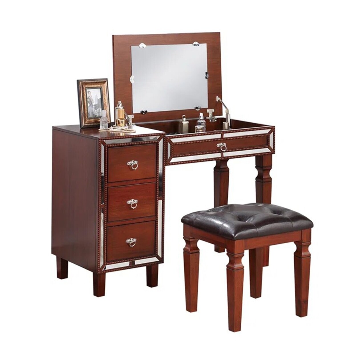Saltoro Sherpi Sosi 47 Inch Vanity Desk Set with Stool, 3 Mirror Inlaid Drawers, Brown