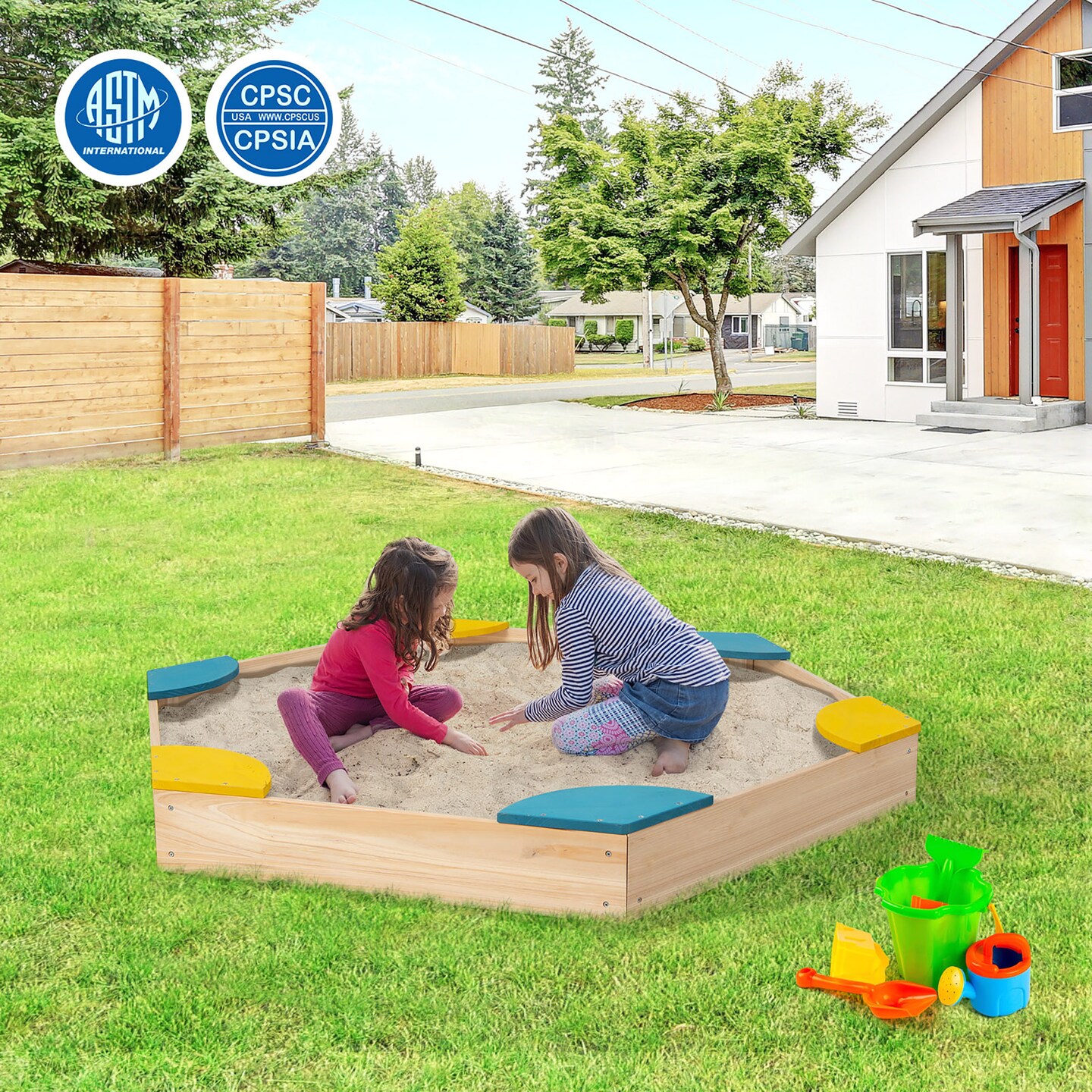 Costway Outdoor Wooden Sandbox with Seats Backyard Bottomless Sandpit for Kids Aged 3+