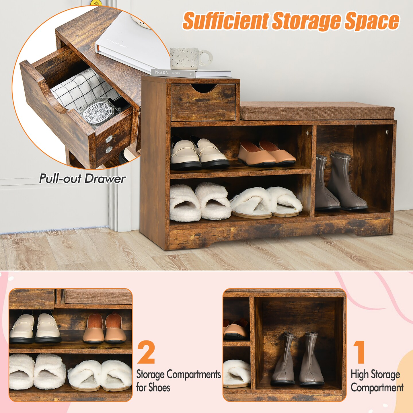 Costway 2-tier Shoe Bench Storage Shoe Rack Organizer Cabinet with Cushion for Entryway