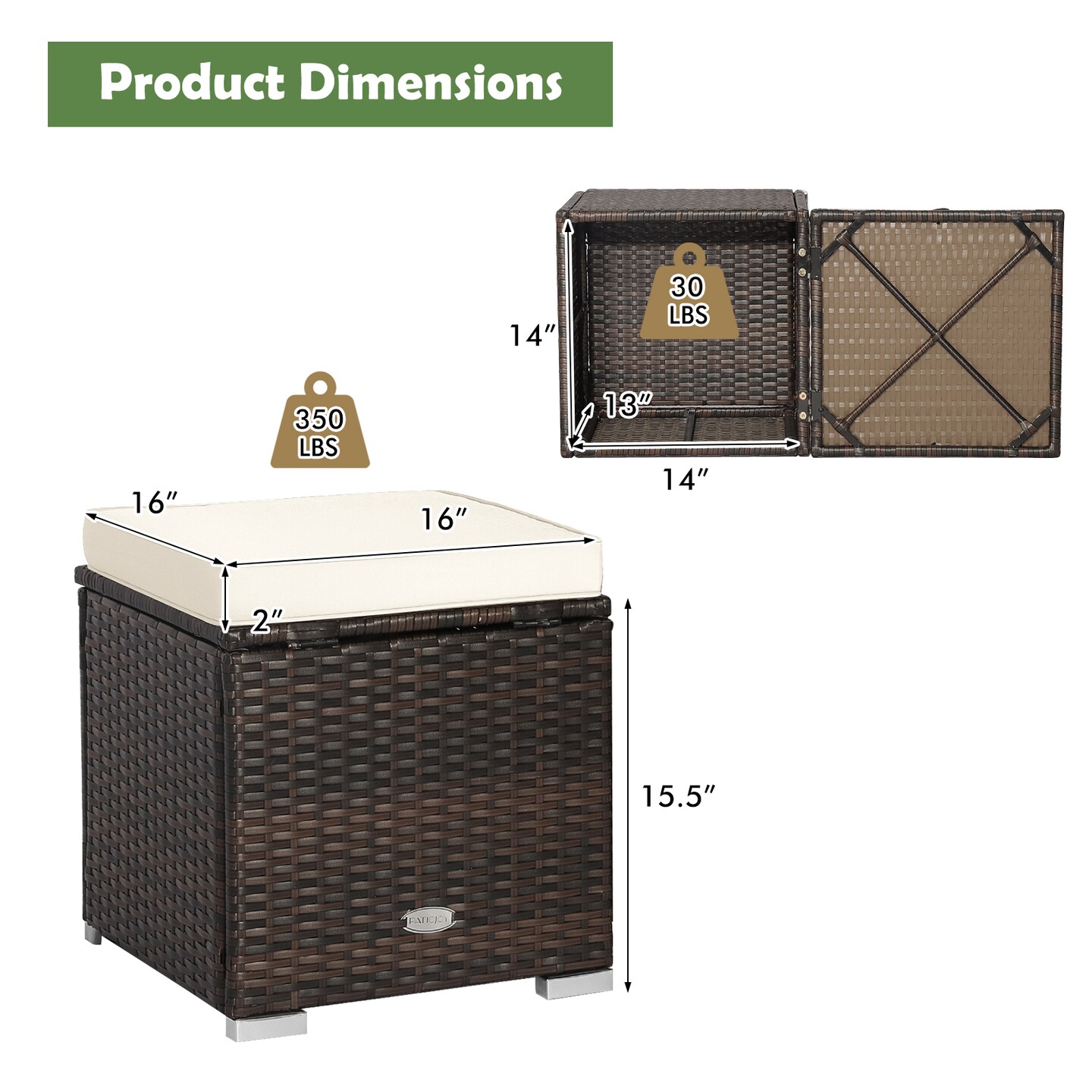 2 Pieces Patio Storage Ottoman with Removable and Washable Cushions