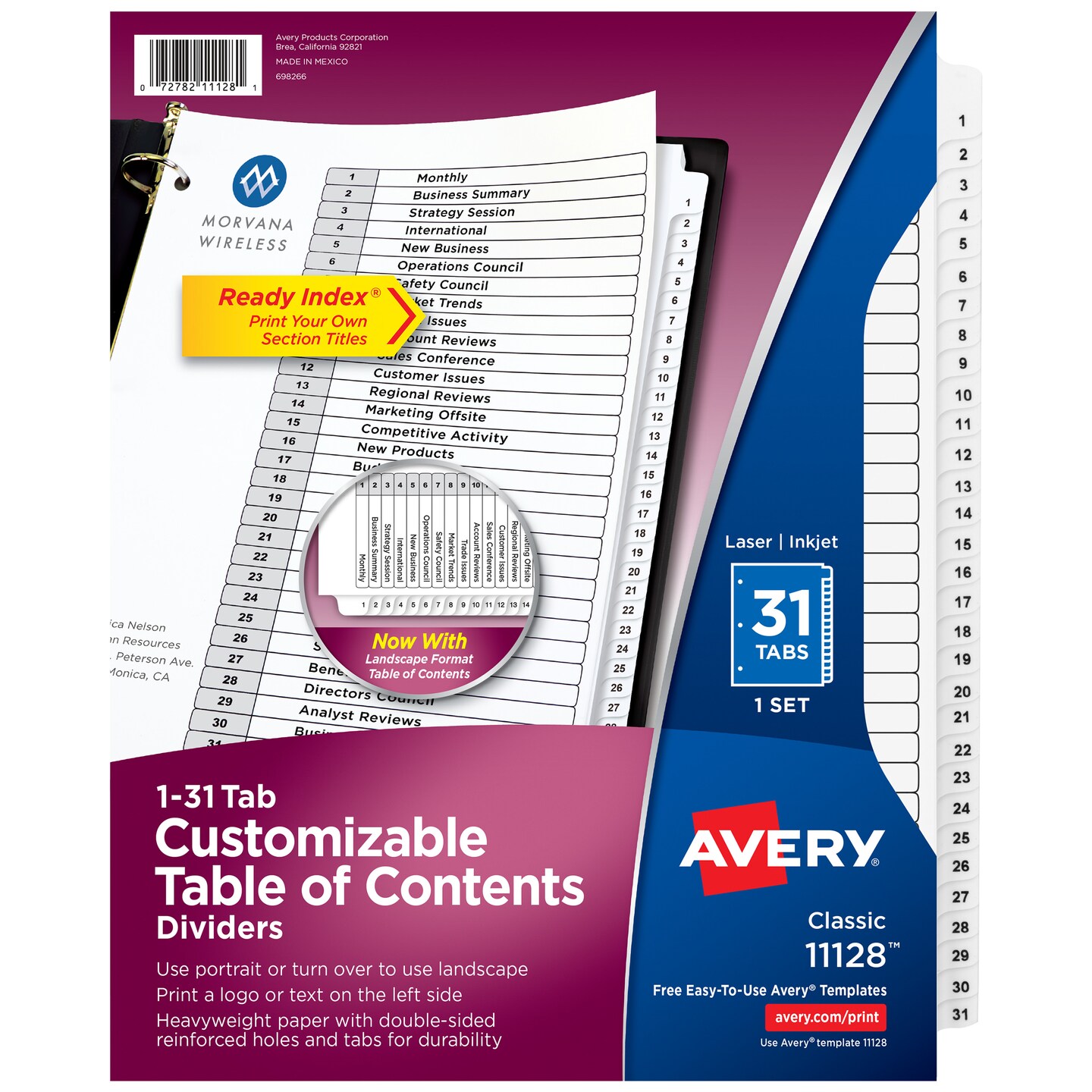 Avery Ready Index 31 Tab Binder Dividers, Customizable Table of Contents, Classic White Tabs, 1 Set (11128)