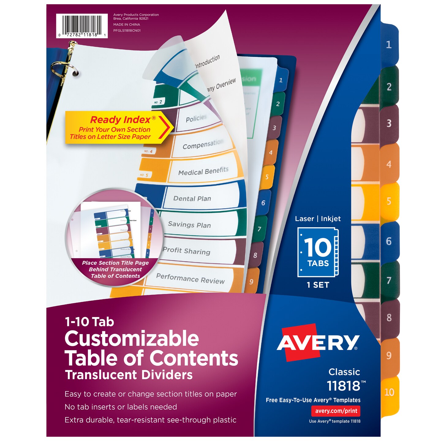 Avery Ready Index Plastic 10 Tab Binder Dividers, Customizable Table of Contents, Multicolor Tabs, 1 Set (11818)