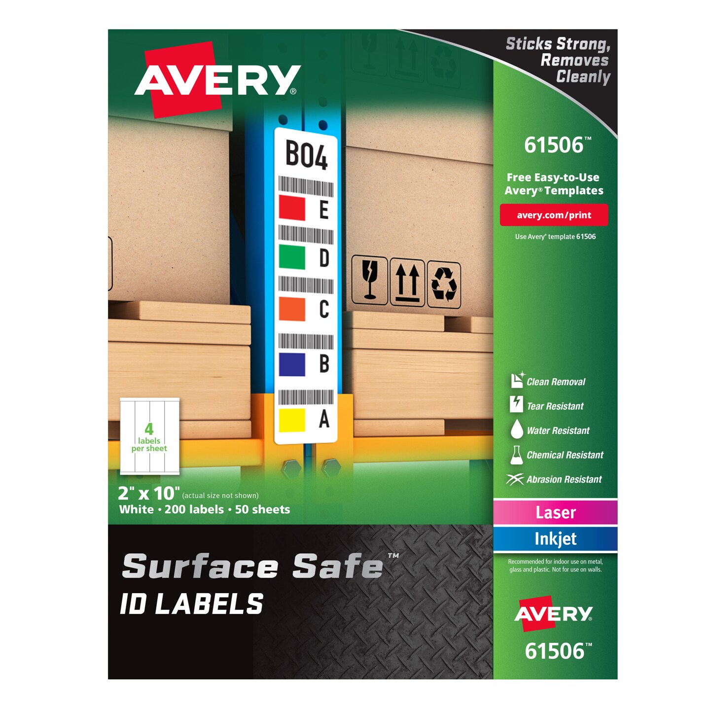 Avery Surface Safe ID Labels, 2" x 10", Water Resistant, Matte White, Removable Adhesive, 200 Labels (61506)
