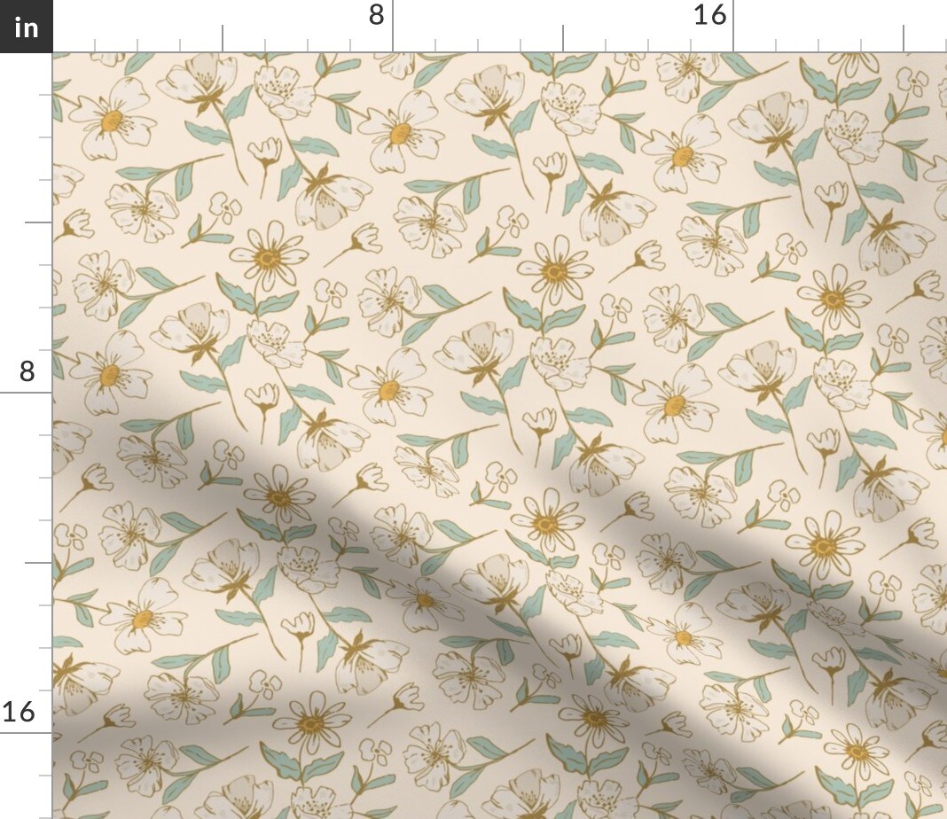 70S Floral Whimsical Retro Cream Flowers Botanical Cottage Vintage Custom Printed Fabric by Spoonflower Various Fabrics by the Yard or Fat Quarter