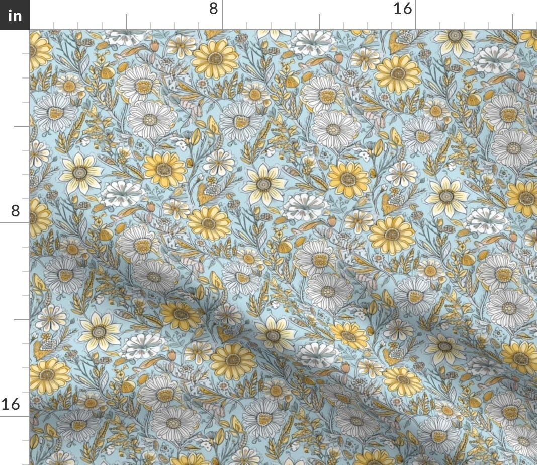 Bohemian Floral Botanical Blue Yellow Daisy Daisies Gold Garden Traditional Custom Printed Fabric by Spoonflower Various Fabrics by the Yard or Fat Quarter