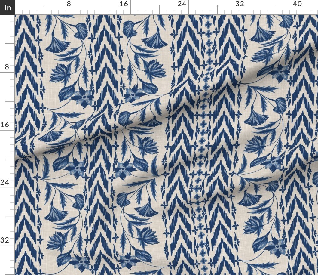 Folk Floral Stripe Large Scale Blue Tan Chintz Flowers Custom Printed Fabric by Spoonflower Various Fabrics by the Yard or Fat Quarter