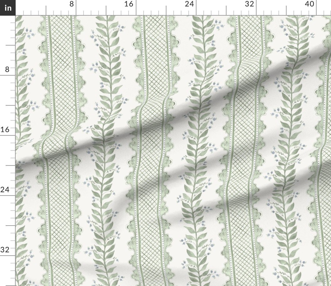 Sage Green Stripe Botanical Watercolor Garden Grandmillenial Custom Printed Fabric by Spoonflower Various Fabrics by the Yard or Fat Quarter