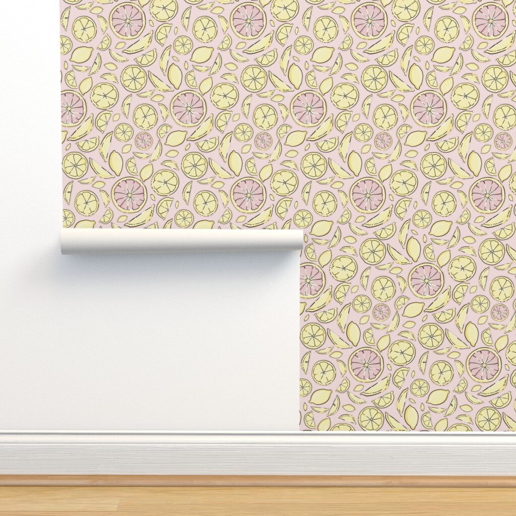 Citrus Pink Yellow Lemon Grapefruit Line Art Medium Scale Custom Removable Wallpaper by Spoonflower Peel & Stick Wallpaper 2FT Wide