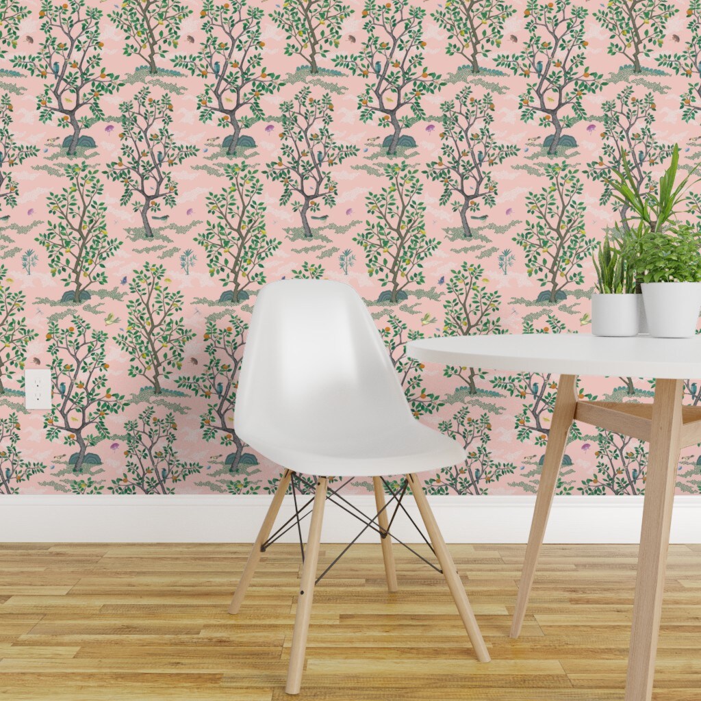 Peel &#x26; Stick Wallpaper 2FT Wide Chinoiserie Pink Botanical Nature Oranges Lemons Birds Custom Removable Wallpaper by Spoonflower
