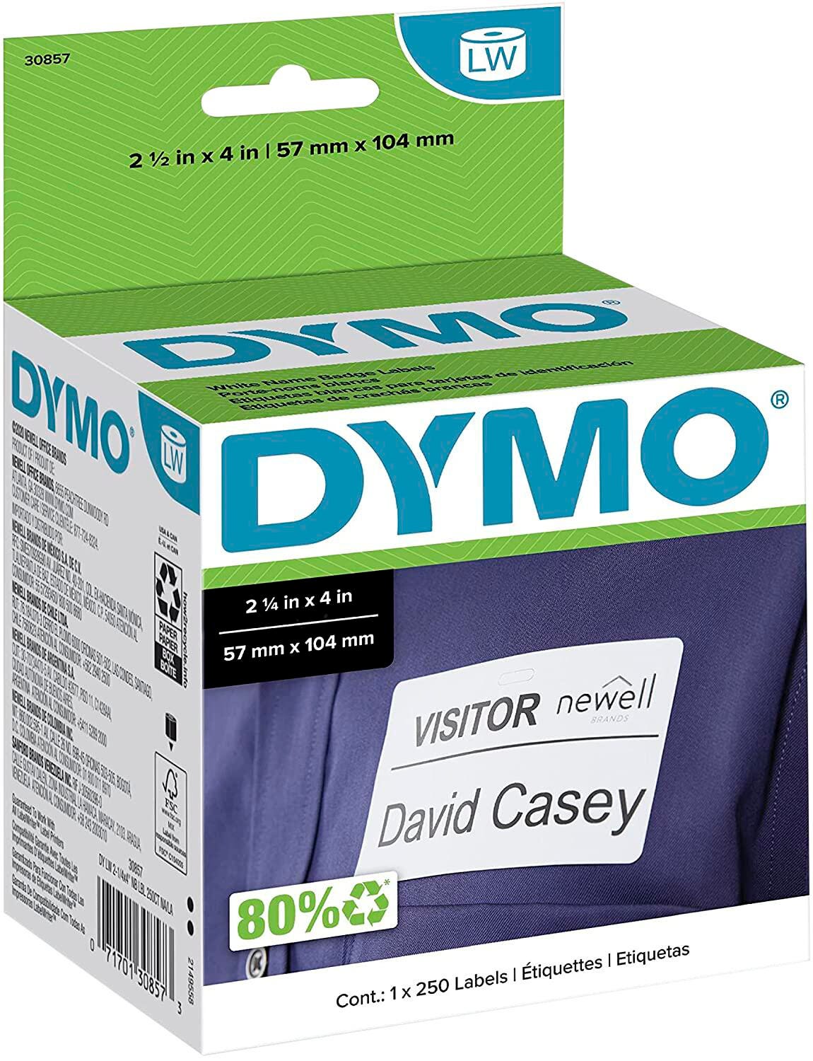 DYMO LabelWriter Name Badge Labels, 2-1/4 x 4 Inches, White, 1 Roll of 250 Labels