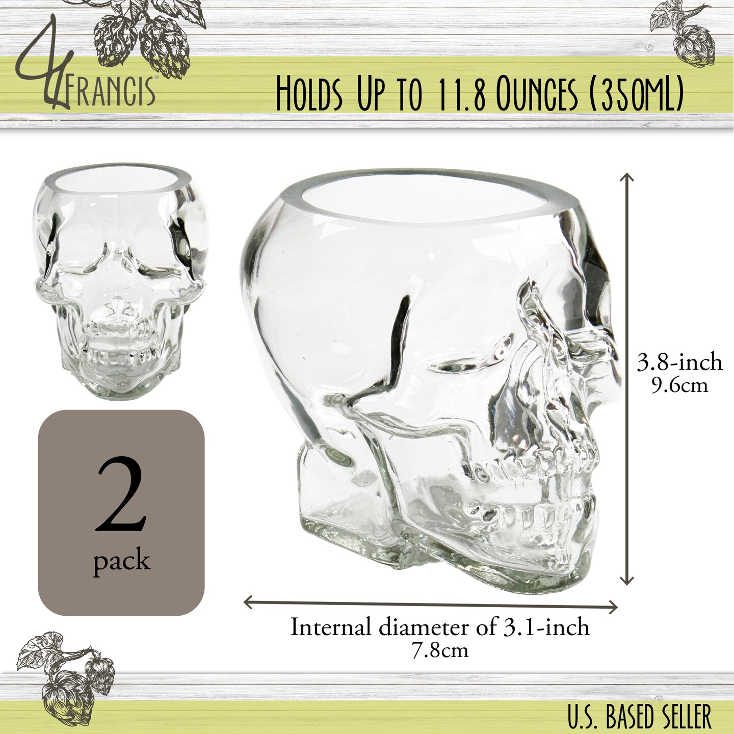 G Francis Skull Glasses Drinking Set - 2pk 350mL Skull Shaped Whiskey Glasses