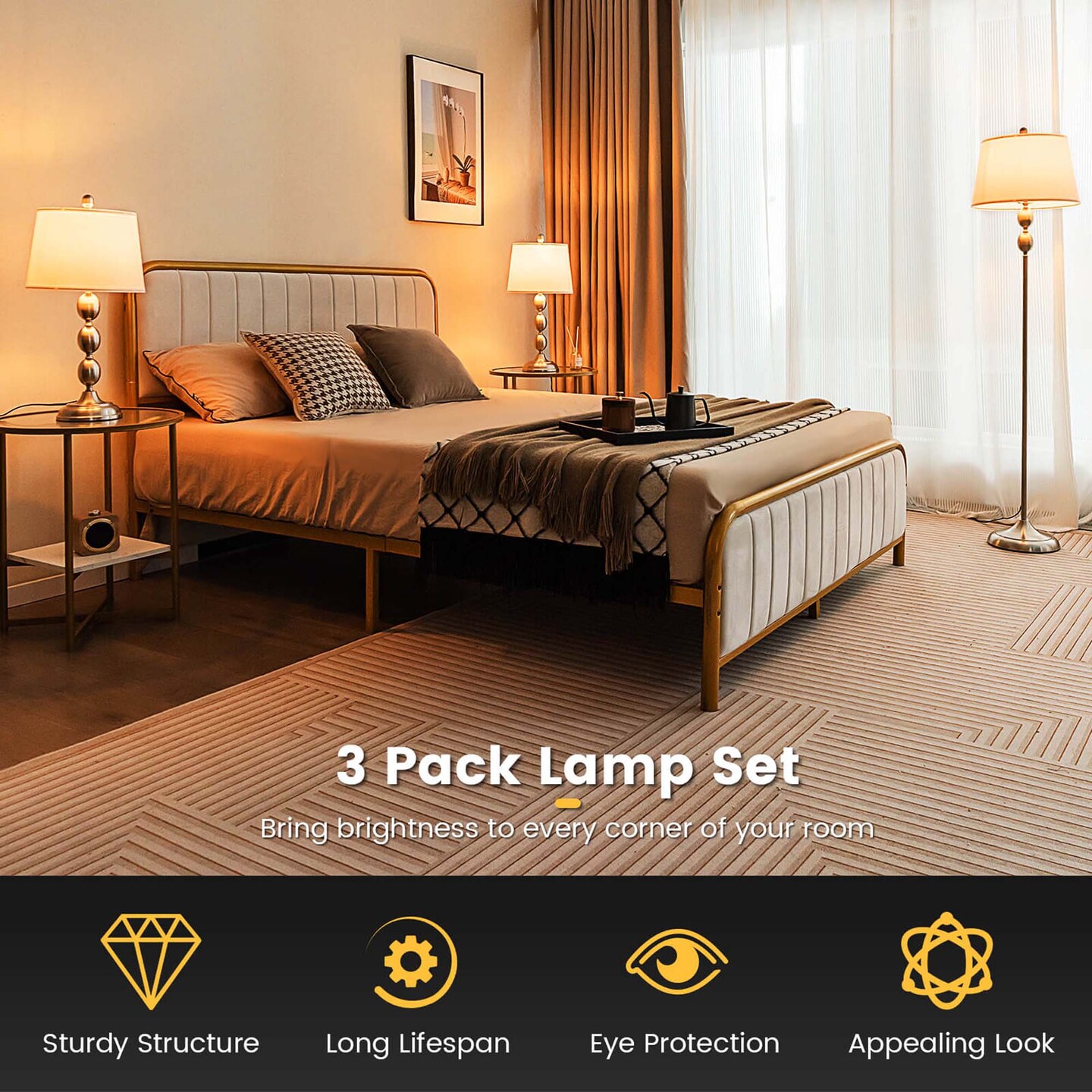 Costway 3 Pack Lamp Set Table &#x26; Floor Lamp with Weighted Base &#x26; Eye-Protecting Lamp Shade