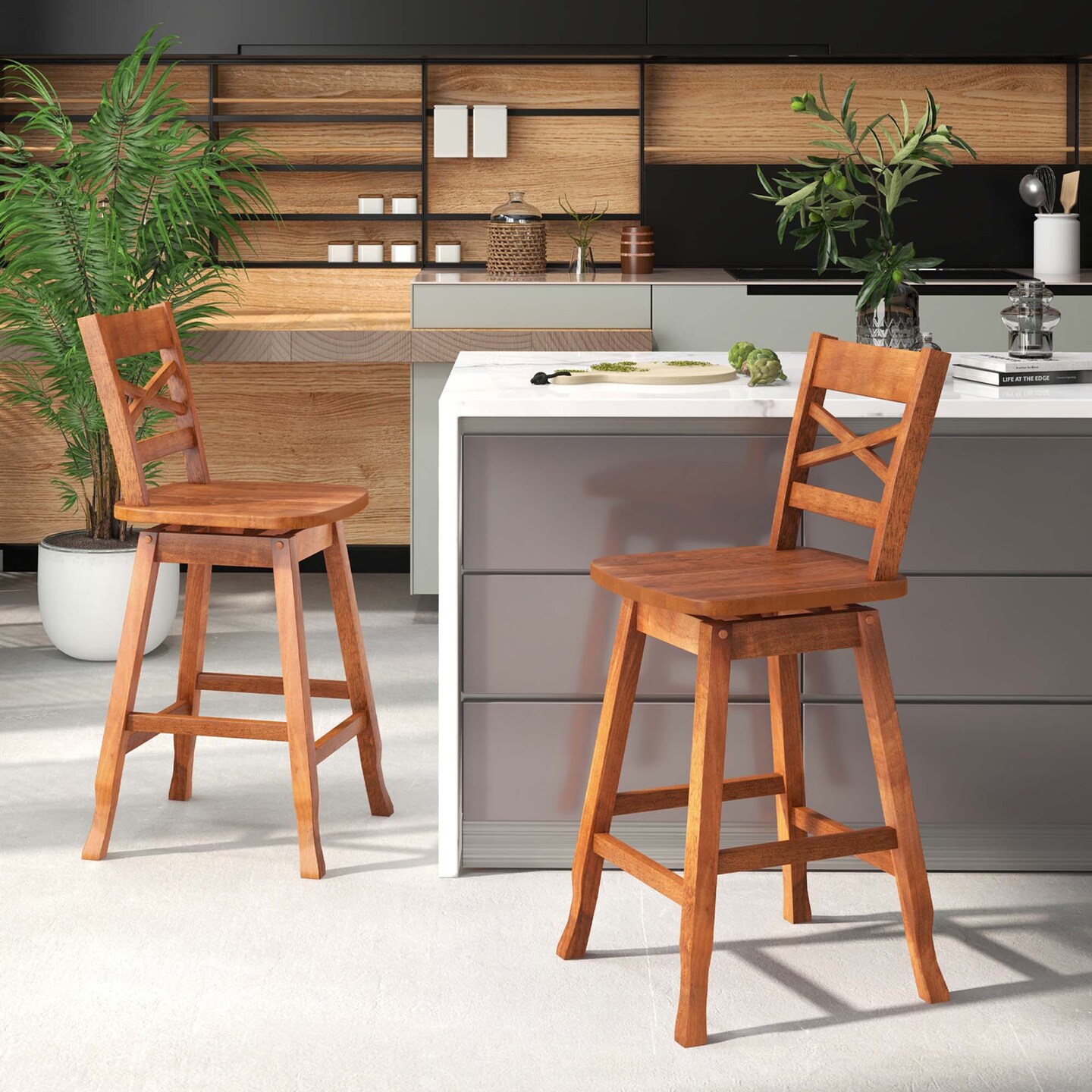 Costway 2 PCS 24"/30" Counter/Bar Height Stool Rubber Wood Swivel Bar Stool with Inclined Backrest Walnut