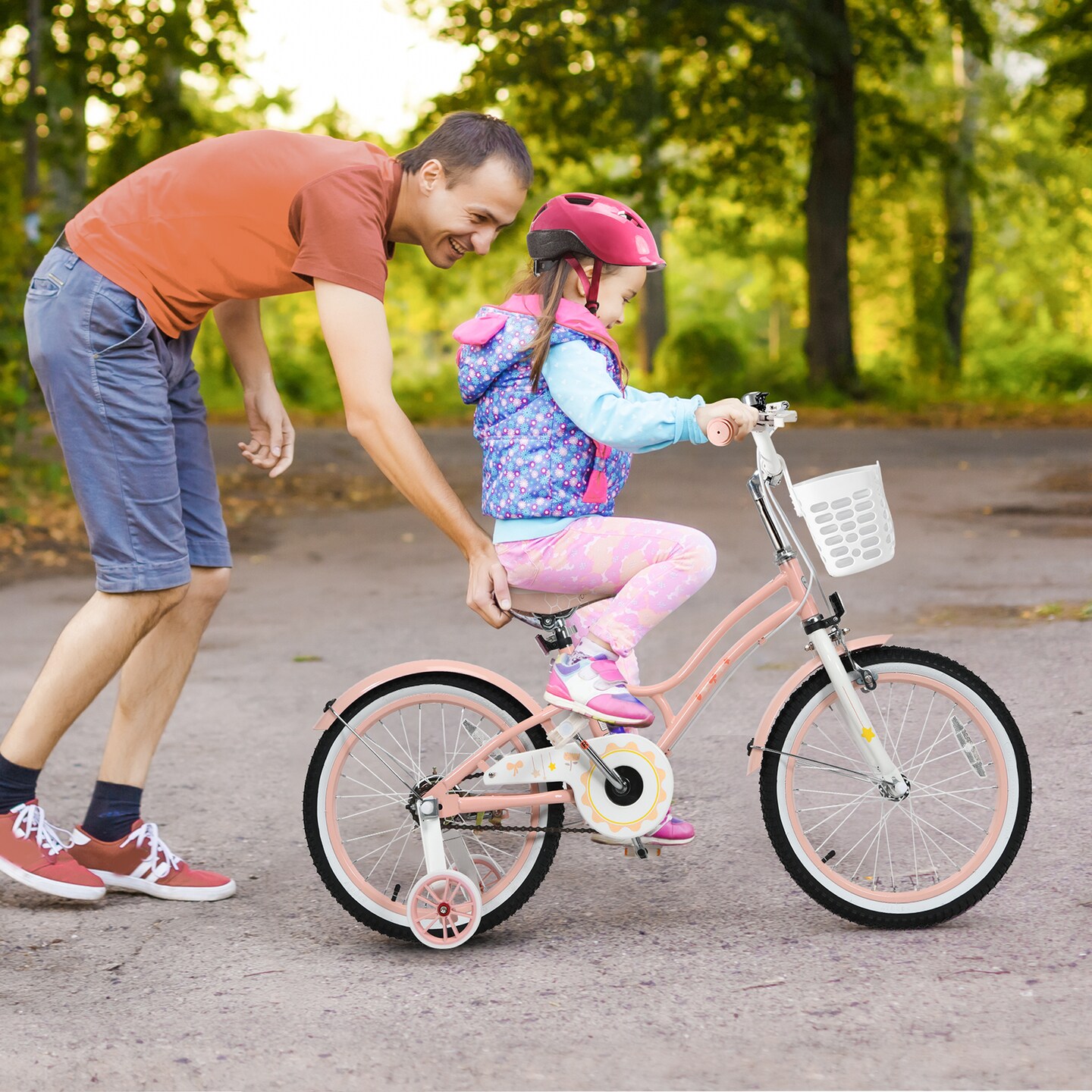 Babyjoy 18 Inch Kid Bike 95% Pre-Assembled Girls Bicycle with Training Wheels &#x26; Basket Age 6-9 Years Old Pink/Purple