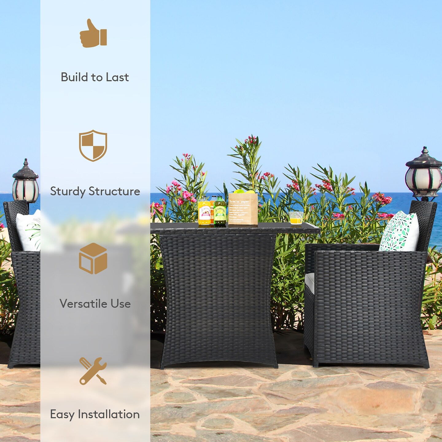Costway 3PCS Patio Rattan Furniture Set Cushion Sofa Armrest Garden Deck