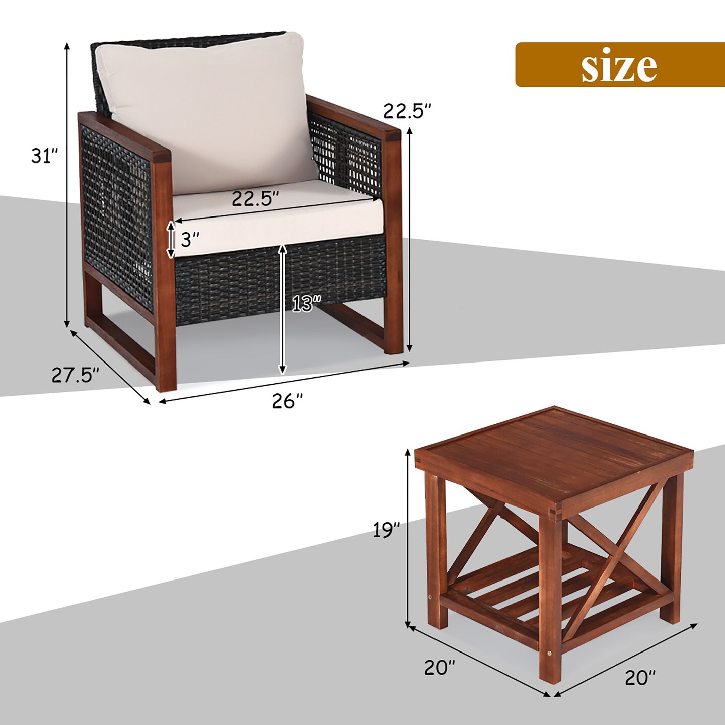 Costway 3PCS Patio Wicker Furniture Set Solid Wood Frame Cushion Sofa w/ Square Table Shelf