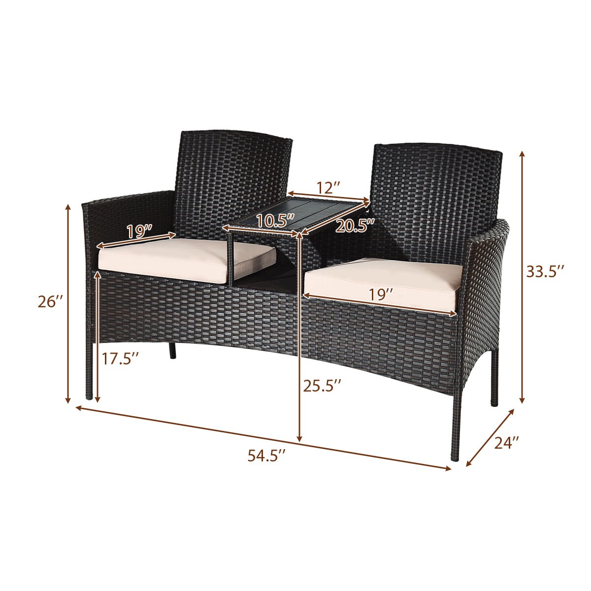 Costway Patented Patio Rattan Chat Set Loveseat Sofa Table Chairs Conversation Cushioned