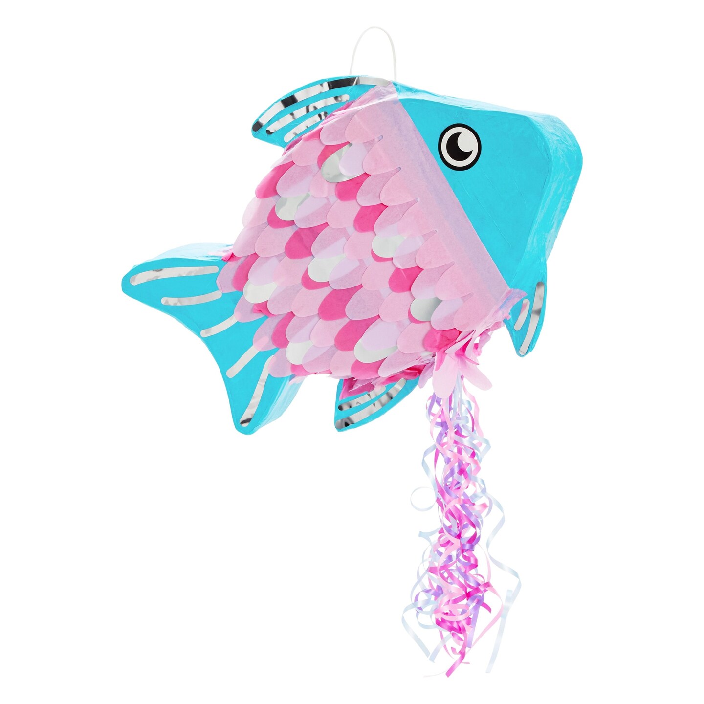 Small Pink Foil Design Blue Fish Pinata with Pull Strings for Ocean Theme Birthday Under The Sea Party Decorations, Baby Shower, Mermaid Party Theme (17 x 13 x 3 Inches)