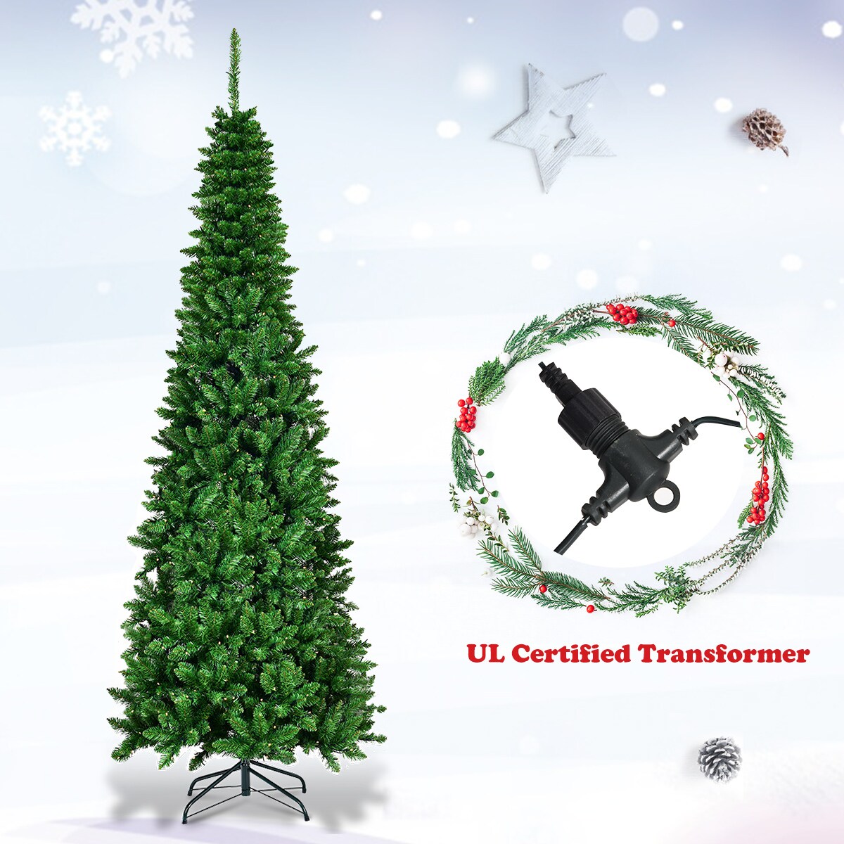 Costway 7.5ft Pre-Lit Hinged Pencil Christmas Tree 350 White Lights