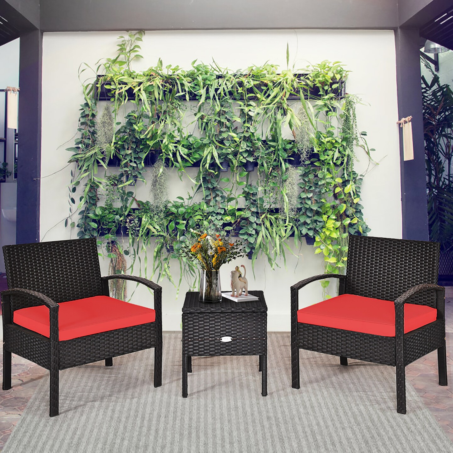 Costway 3PCS Patio Rattan Furniture Set Storage Table Cushioned Sofa Deck Red\Turquoise\White